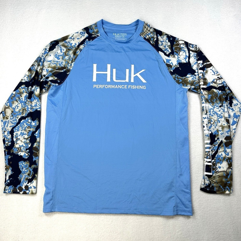 Mens Huk Performance Fishing Shirt Blue Long Sleeve SPF Sun Protection Sz Small